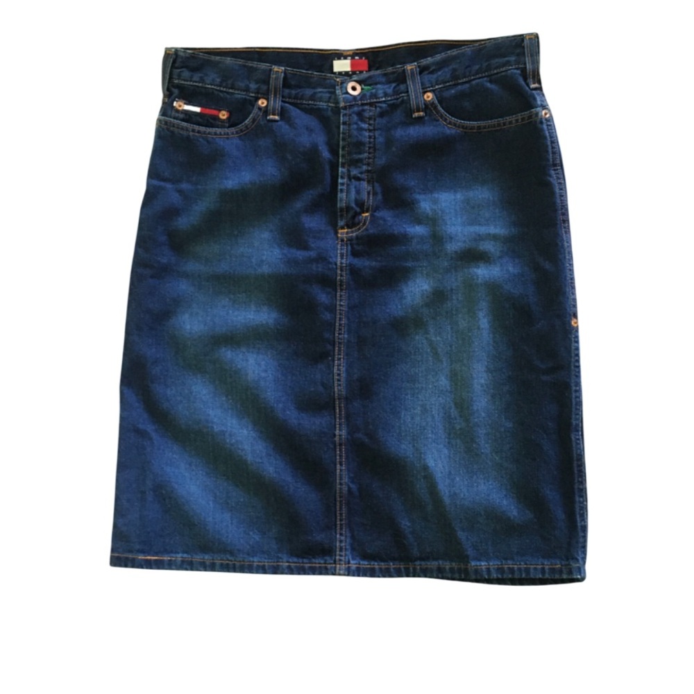 Denim Jean Skirt Knee Length 90s Side Slit Cotton Tommy Hilfiger Y2K Vintage